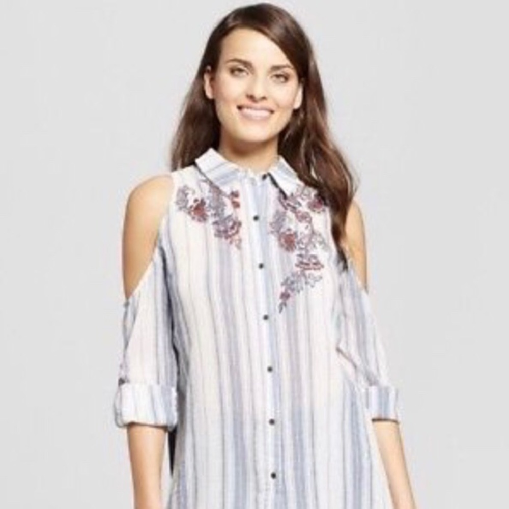 Knox rose open shoulder cream stripe button down